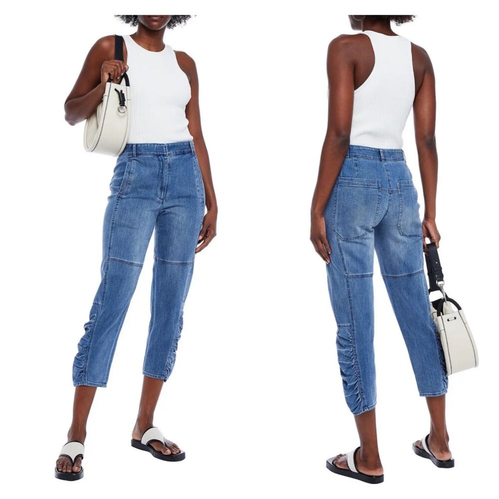 TIBI Cropped Ruched High Rise Jeans Womens 0 Medium Blue Wash Slim Leg Trouser